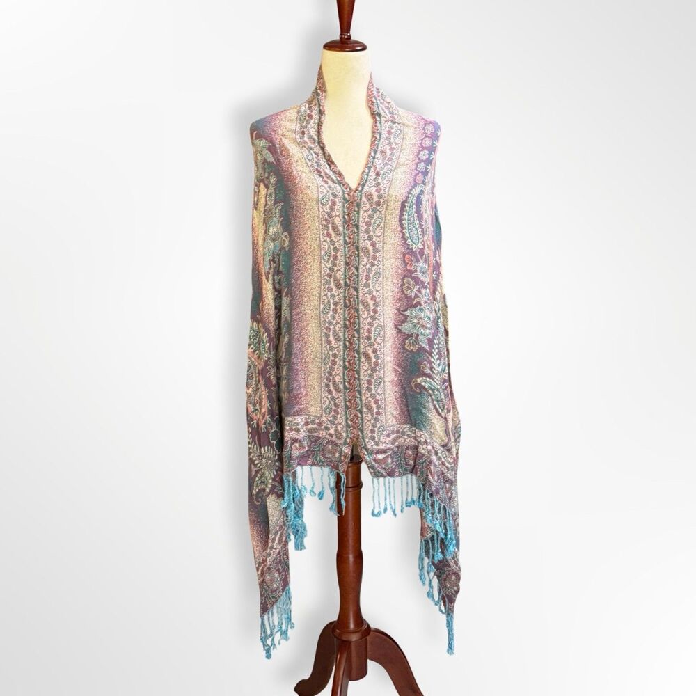 Silver Blue Paisley Floral Fringe Pashima Poncho Shawl OS Boho Festival Eclectic